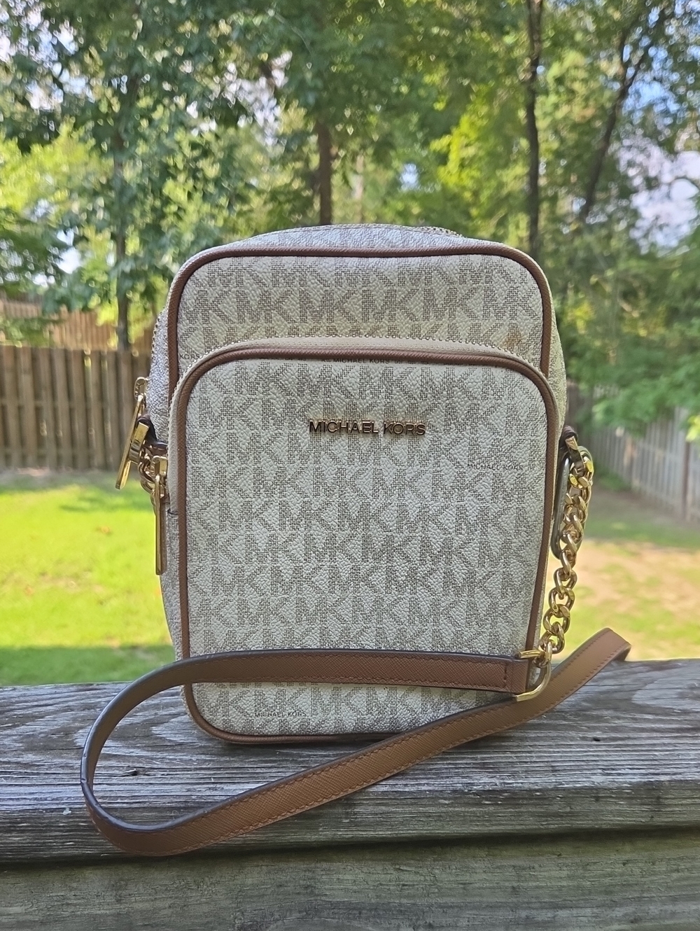 Michael Kors Cream Logo Crossbody Bag with Brown Trim